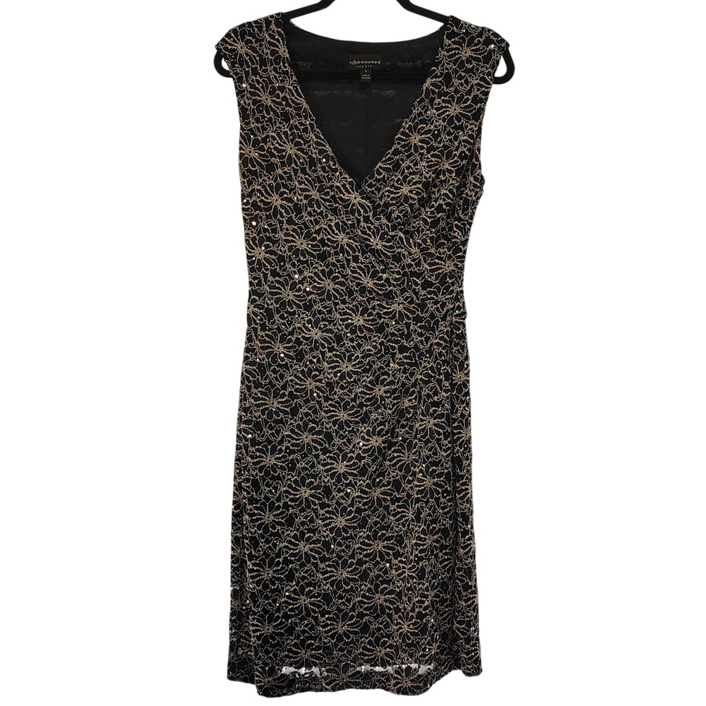 Sequined Cocktail Shimmer Sheath Dress Women 6 Black Floral Glam Holiday Party
